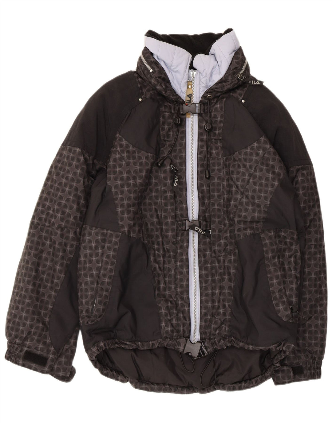 FILA Womens Oversized Hooded Ski Jacket US 6 Medium Black Geometric