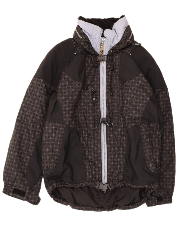FILA Womens Oversized Hooded Ski Jacket US 6 Medium Black Geometric