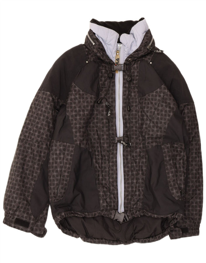 FILA Womens Oversized Hooded Ski Jacket US 6 Medium Black Geometric