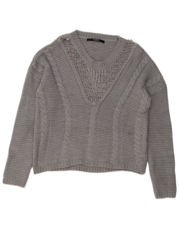 Guess Womens V-Neck Jumper Sweater UK 16 Large Grey Acrylic