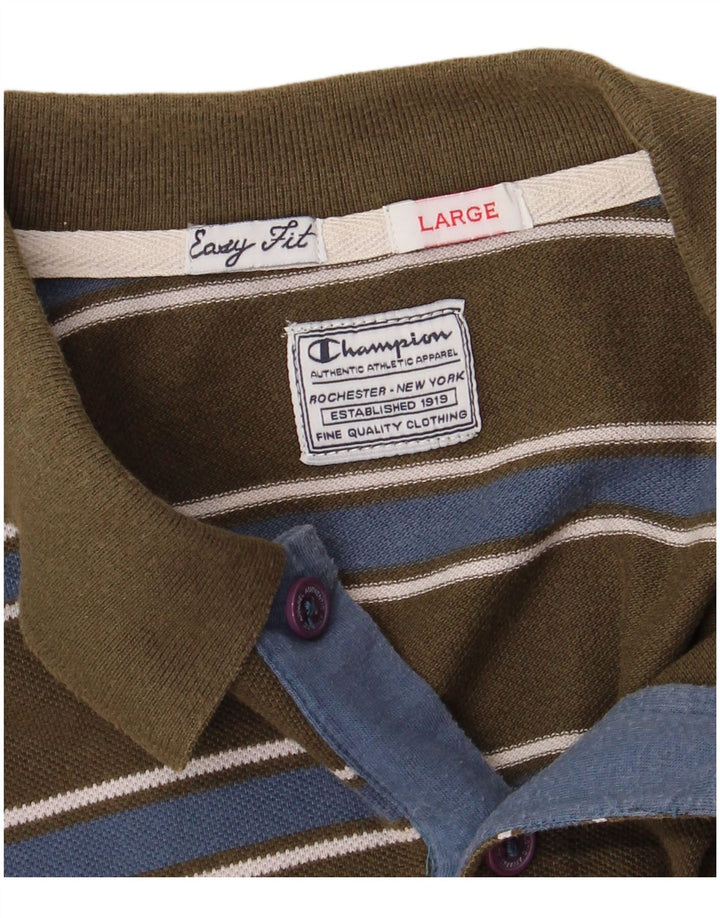CHAMPION Mens Easy Fit Polo Shirt Large Khaki Striped