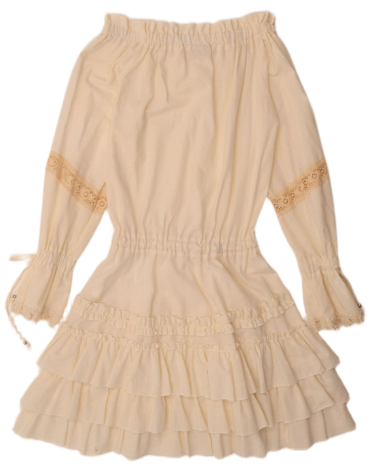 VINTAGE Womens Long Sleeve Off Shoulder Dress UK 12 Medium Off White Linen
