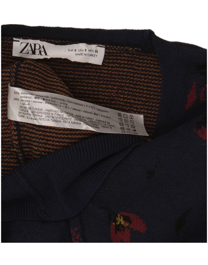 ZARA Womens Crop Cardigan Sweater UK 10 Small Navy Blue Floral Polyamide