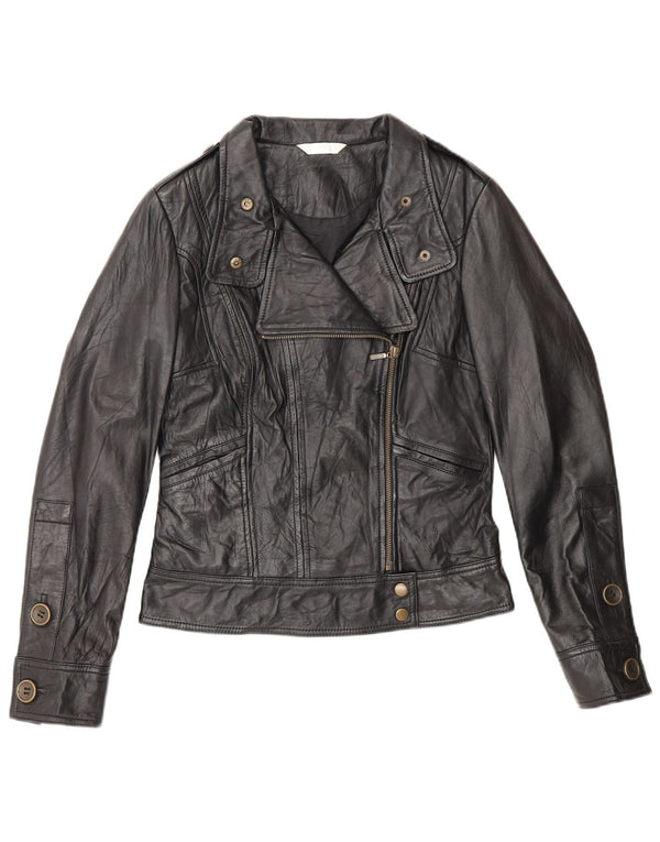 Promod Womens Leather Biker Jacket UK 8 Small Black