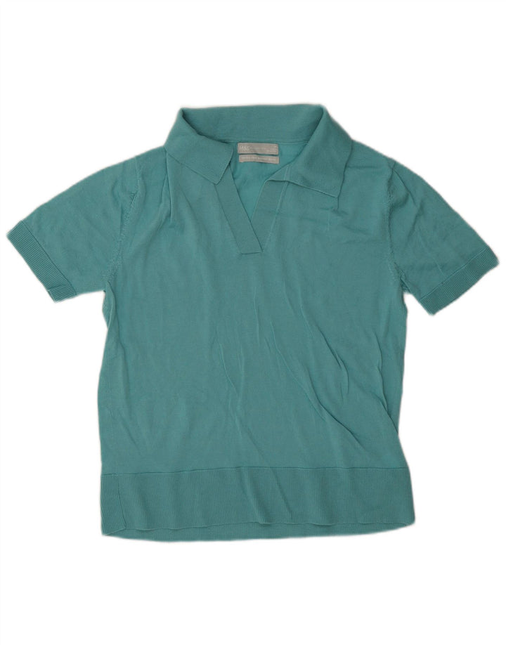 Marks & Spencer Womens Polo Shirt UK 12 Medium Blue Merino Wool
