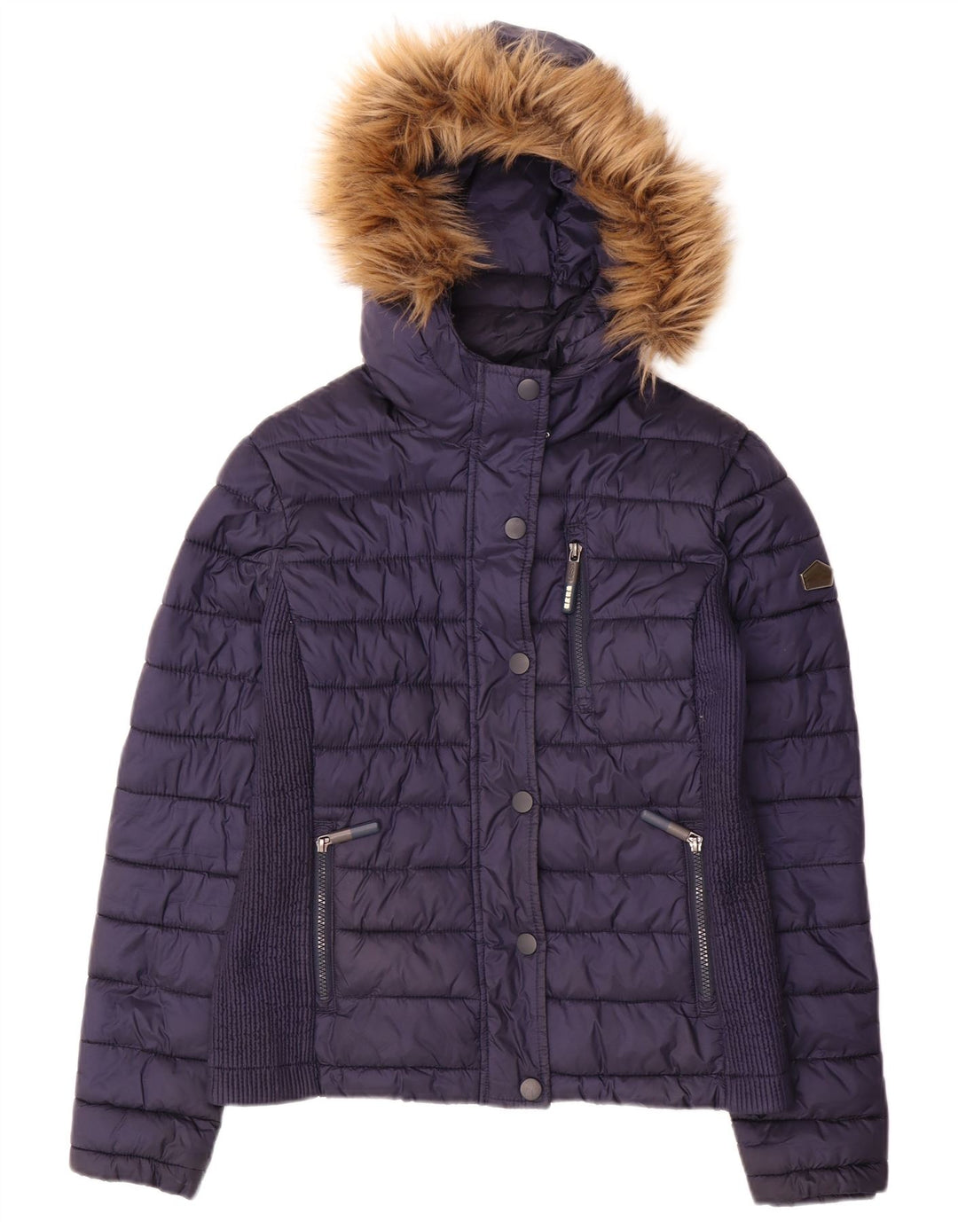 SUPERDRY Womens Hooded Padded Jacket UK 14 Medium Navy Blue Polyester