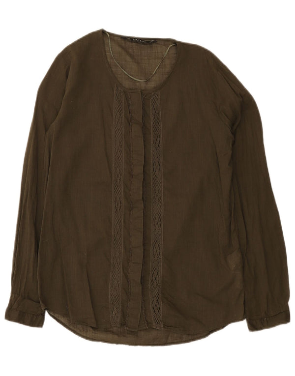 Zara Womens Loose Fit Shirt Blouse UK 6 XS Khaki Cotton