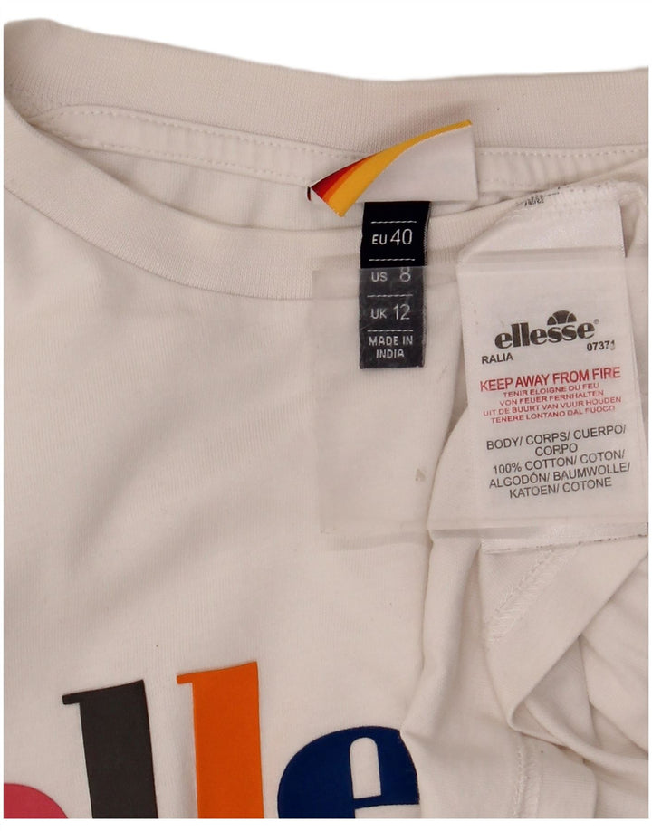 ELLESSE Womens Crop Graphic T-Shirt Top UK 12 Medium White Cotton
