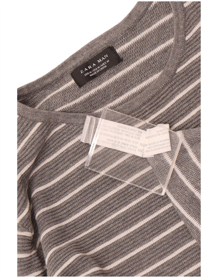 Zara Mens Top Long Sleeve Medium Grey Striped Cotton