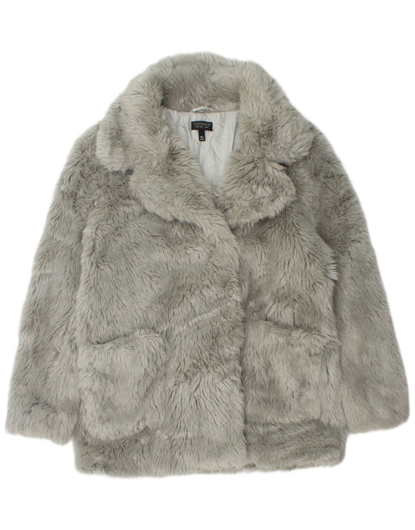 Topshop Womens Faux Fur Overcoat UK 12 Medium Grey Modacryl