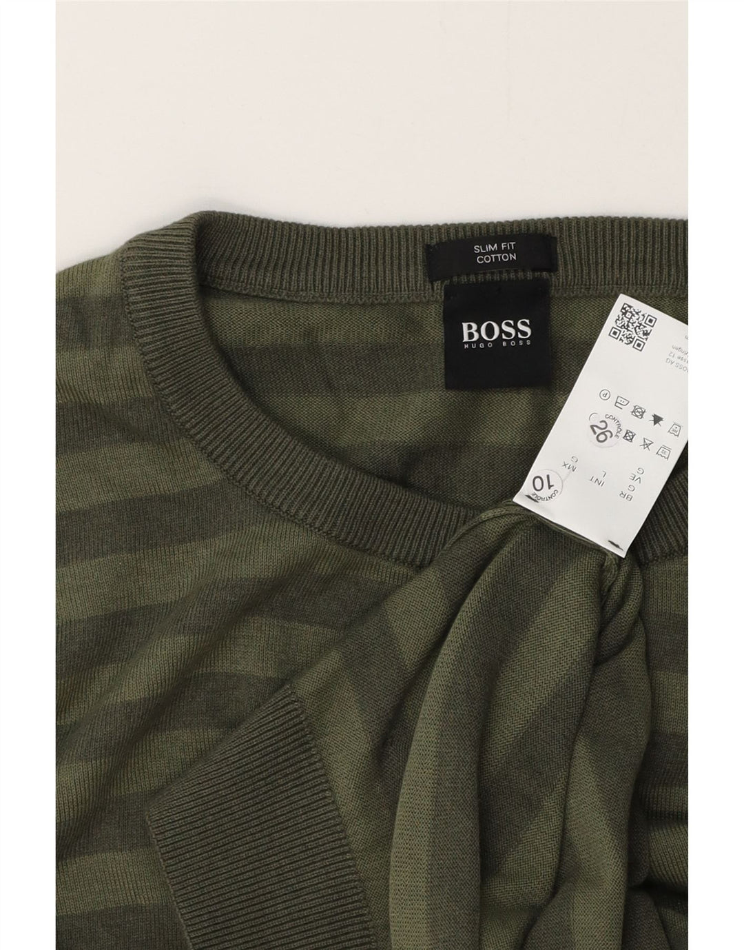 HUGO BOSS Mens Slim Fit Crew Neck Jumper Sweater Large Green Striped