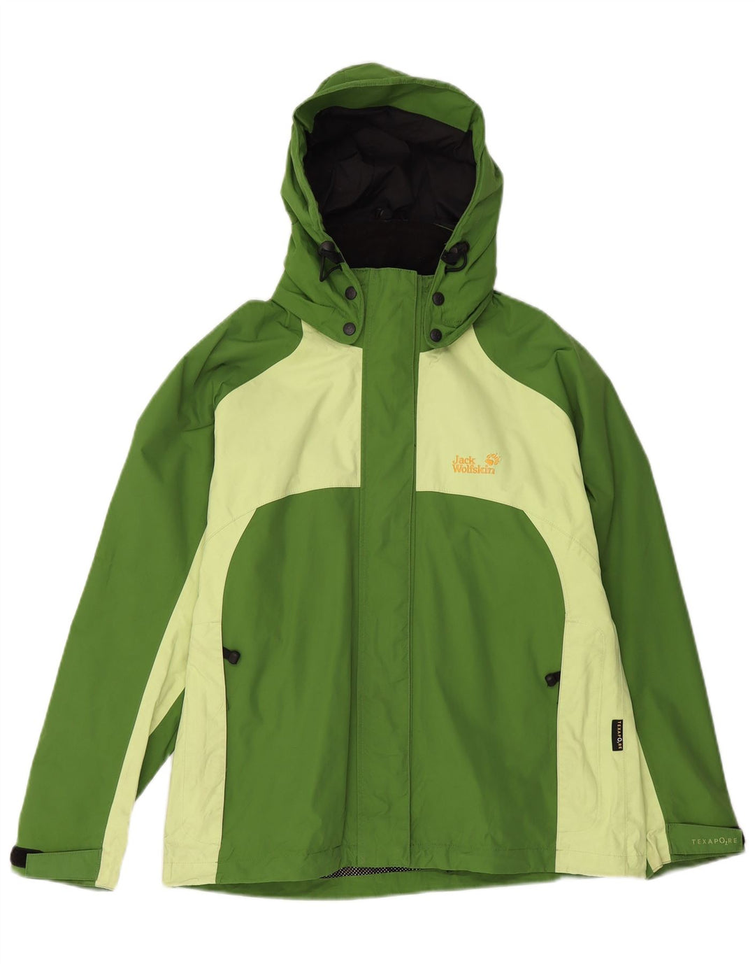 JACK WOLFSKIN Womens Hooded Rain Jacket UK 12 Medium Green Colourblock