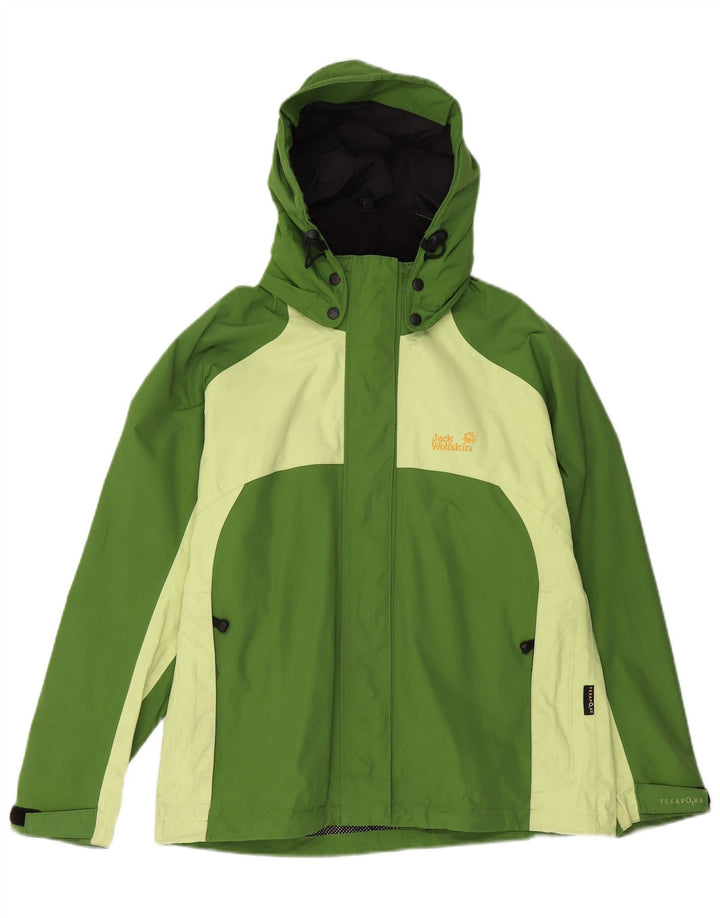 JACK WOLFSKIN Womens Hooded Rain Jacket UK 12 Medium Green Colourblock