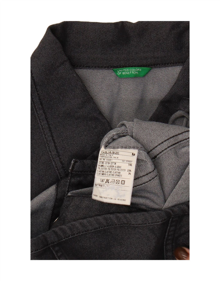 BENETTON Womens Crop Graphic Denim Jacket UK 14 Medium Black Cotton