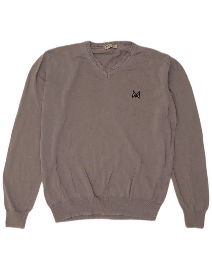 Vintage Mens V-Neck Jumper Sweater Large Grey Cotton