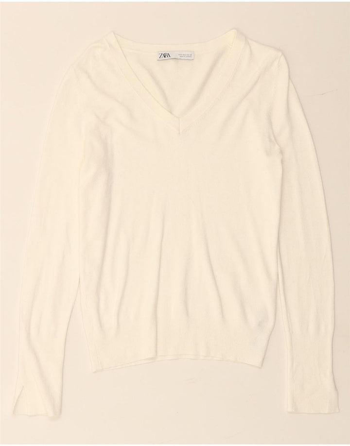 ZARA Womens V-Neck Jumper Sweater UK 10 Small White Viscose