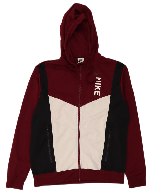 NIKE Mens Graphic Zip Hoodie Sweater Medium Burgundy Colourblock Polyester