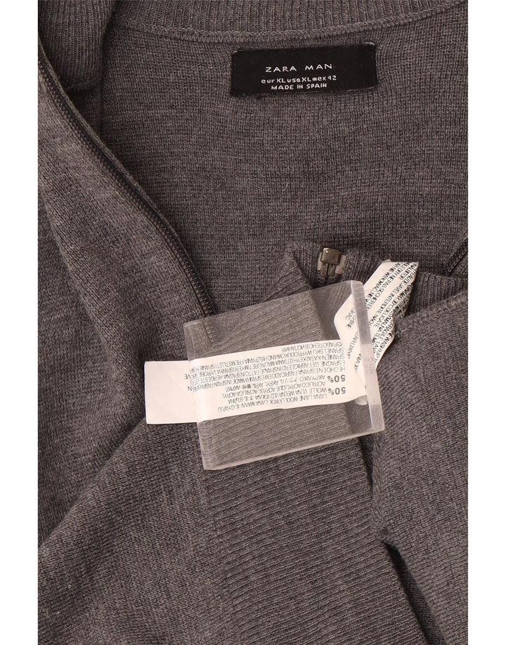 Zara Mens Zip Neck Jumper Sweater XL Grey Wool