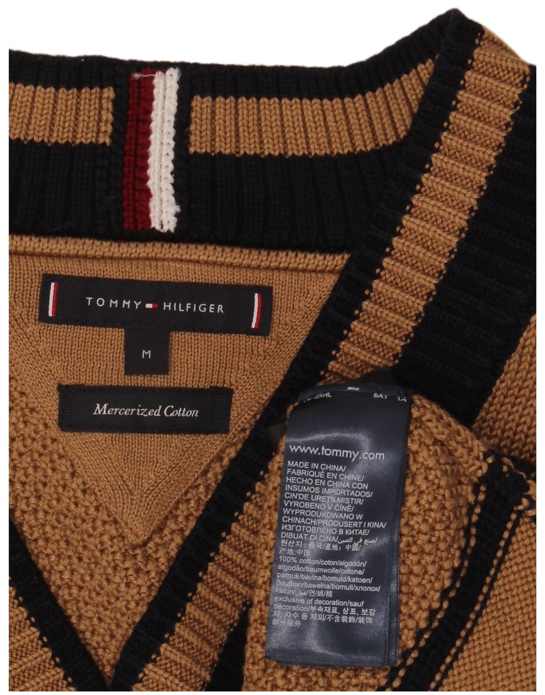 Tommy Hilfiger Mens V-Neck Jumper Sweater Medium Brown Colourblock