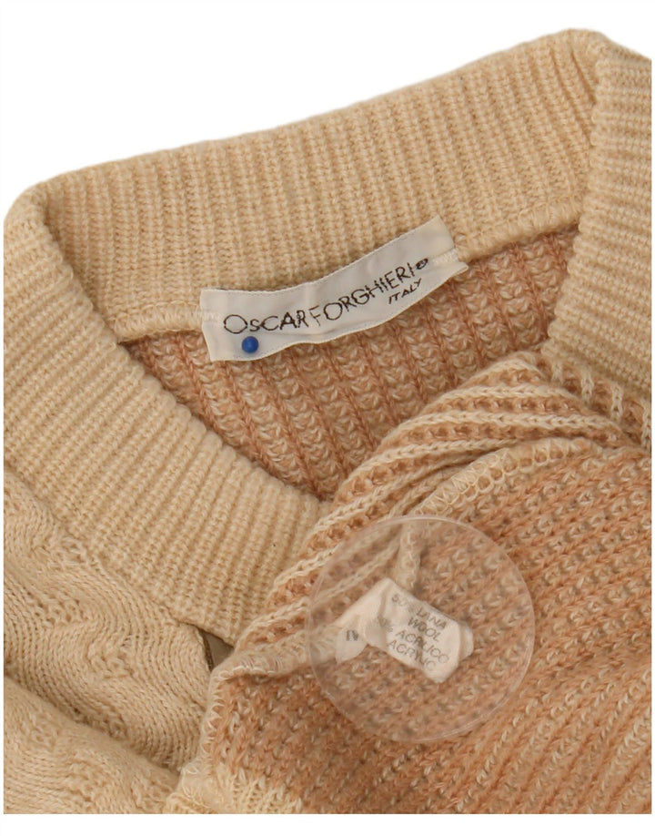 Oscar Forghieri Mens Crew Neck Jumper Sweater Medium Beige Striped Wool