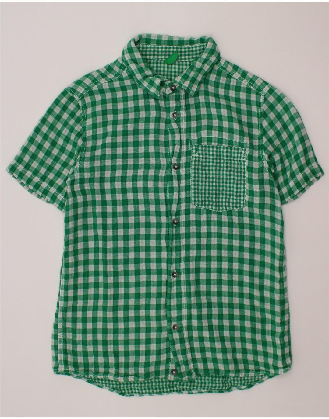 BENETTON Boys Short Sleeve Shirt 10-11 Years Green Gingham