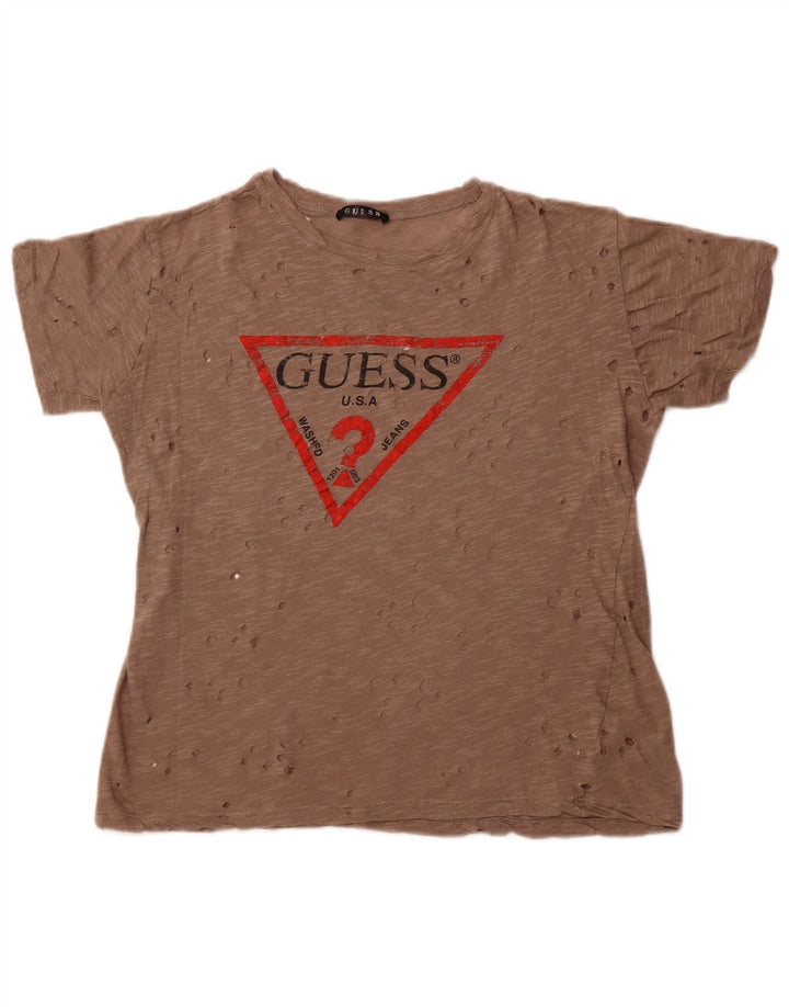 Guess Womens Perforated Graphic T-Shirt Top UK 14 Medium Brown