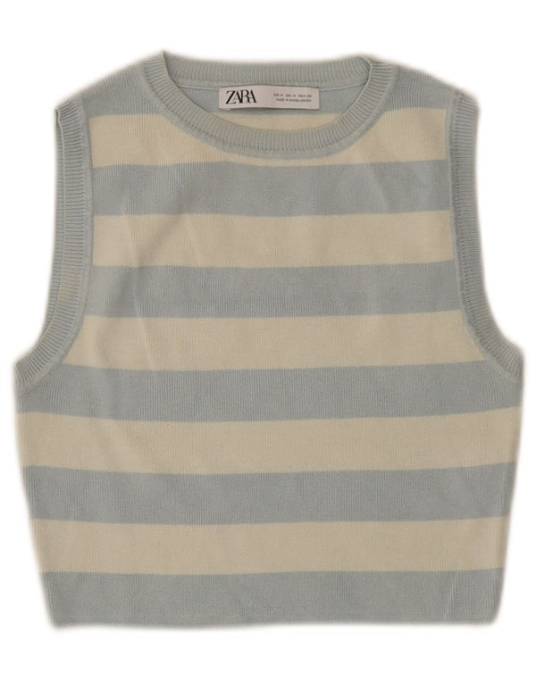 ZARA Womens Crop Vest Tank Top UK 12 Medium Blue Striped Viscose