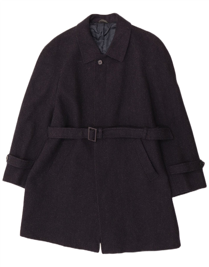 Vintage Mens Overcoat IT 52 XL Navy Blue Herringbone Virgin Wool