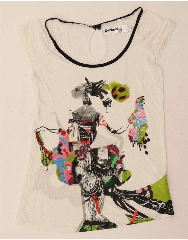 Desigual Womens Graphic T-Shirt Top UK 18 XL Off White Viscose