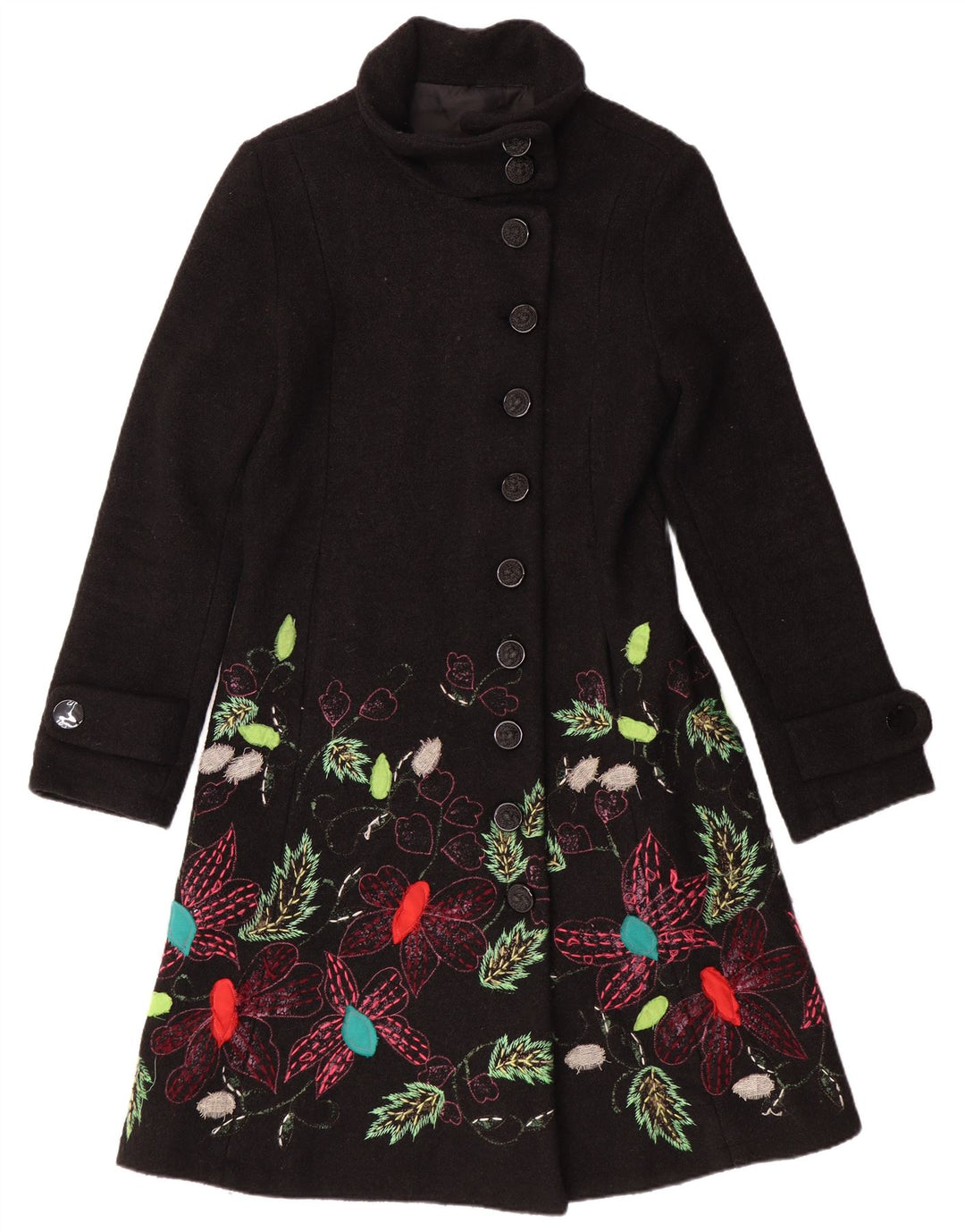 DESIGUAL Womens Overcoat UK 10 Small Black Floral Viscose Bohemian