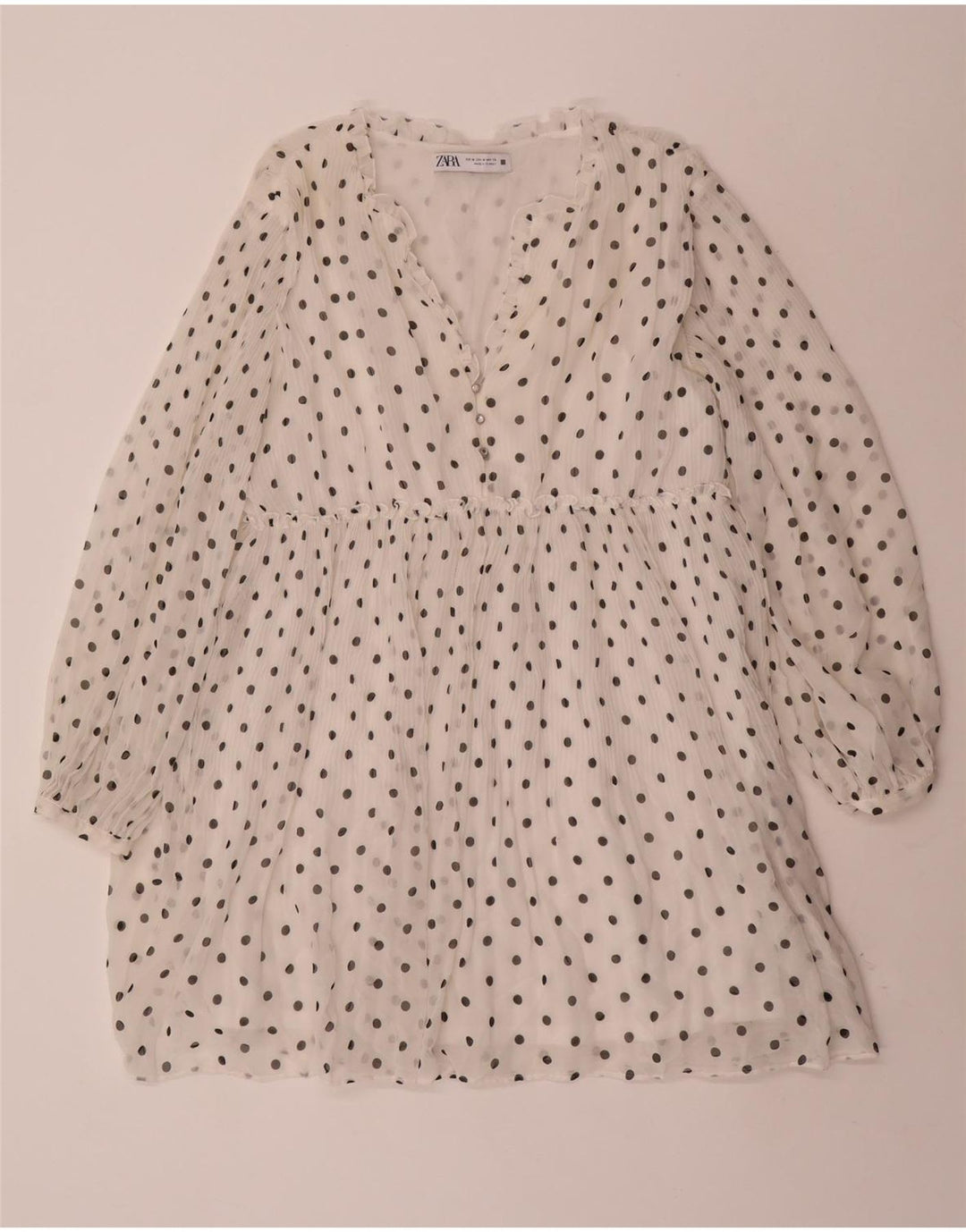 ZARA Womens Long Sleeve A-Line Dress UK 14 Medium White Spotted Polyester