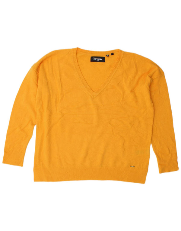 SUPERDRY Womens Oversized V-Neck Jumper Sweater UK 10 Small Yellow Wool