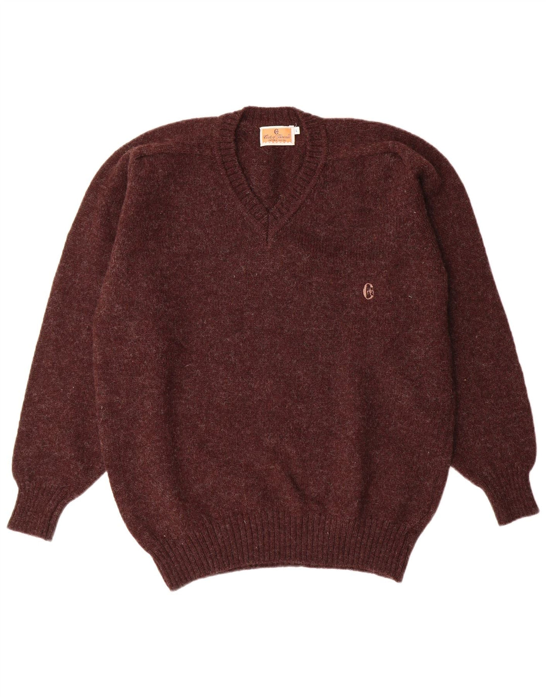 CONTE OF FLORENCE Mens V-Neck Jumper Sweater Large Burgundy Virgin Wool