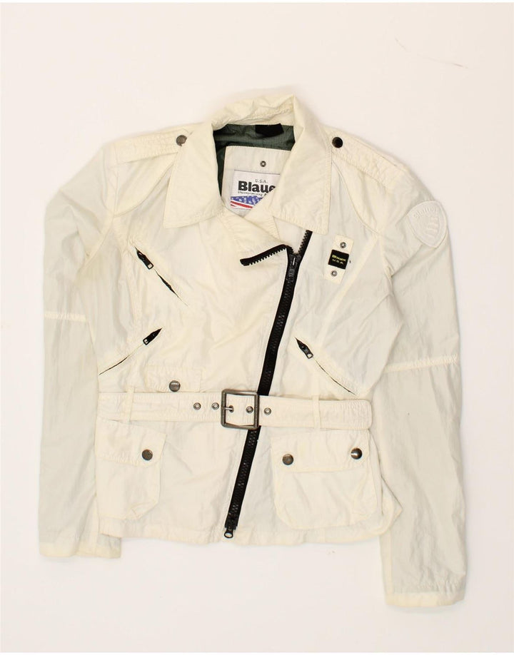 BLAUER Womens Biker Jacket UK 6 XS Off White Polyester Vintage Blauer and Second-Hand Blauer from Messina Hembry 