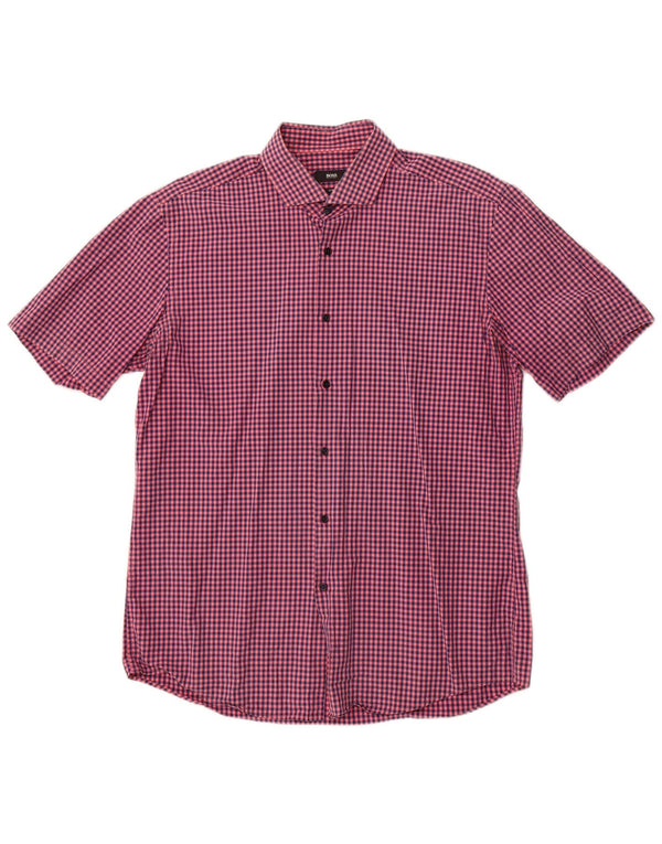 Hugo Boss Mens Short Sleeve Slim Fit Shirt Large Pink Gingham