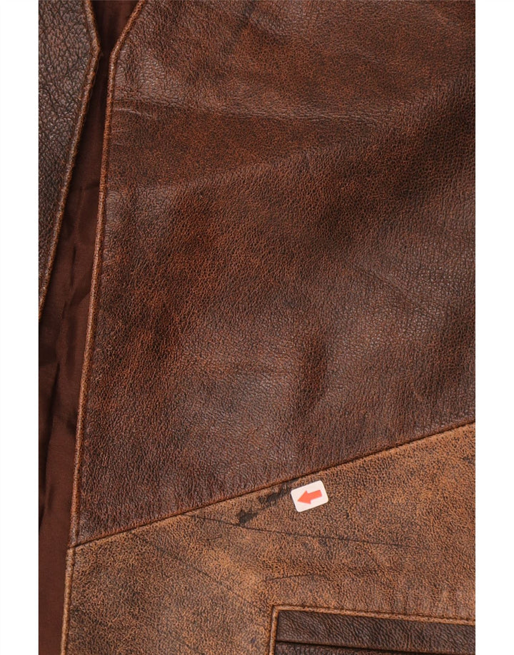 Vintage Mens Leather Waistcoat Medium Brown Colourblock