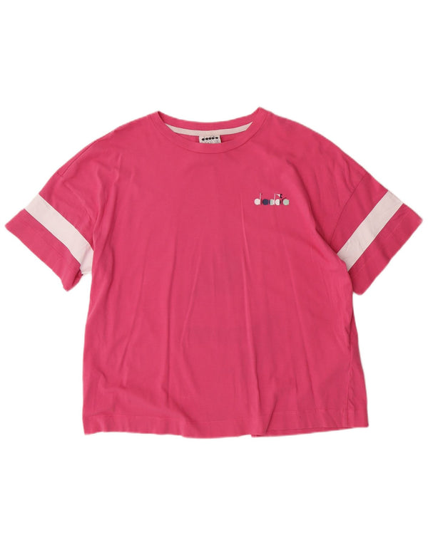 DIADORA Womens T-Shirt Top UK 14 Medium Pink Striped Cotton