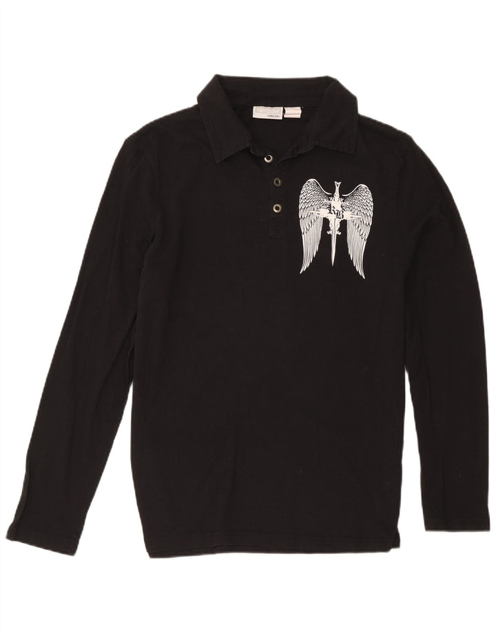 Rainbow Mens Graphic Long Sleeve Polo Shirt Medium Black Cotton