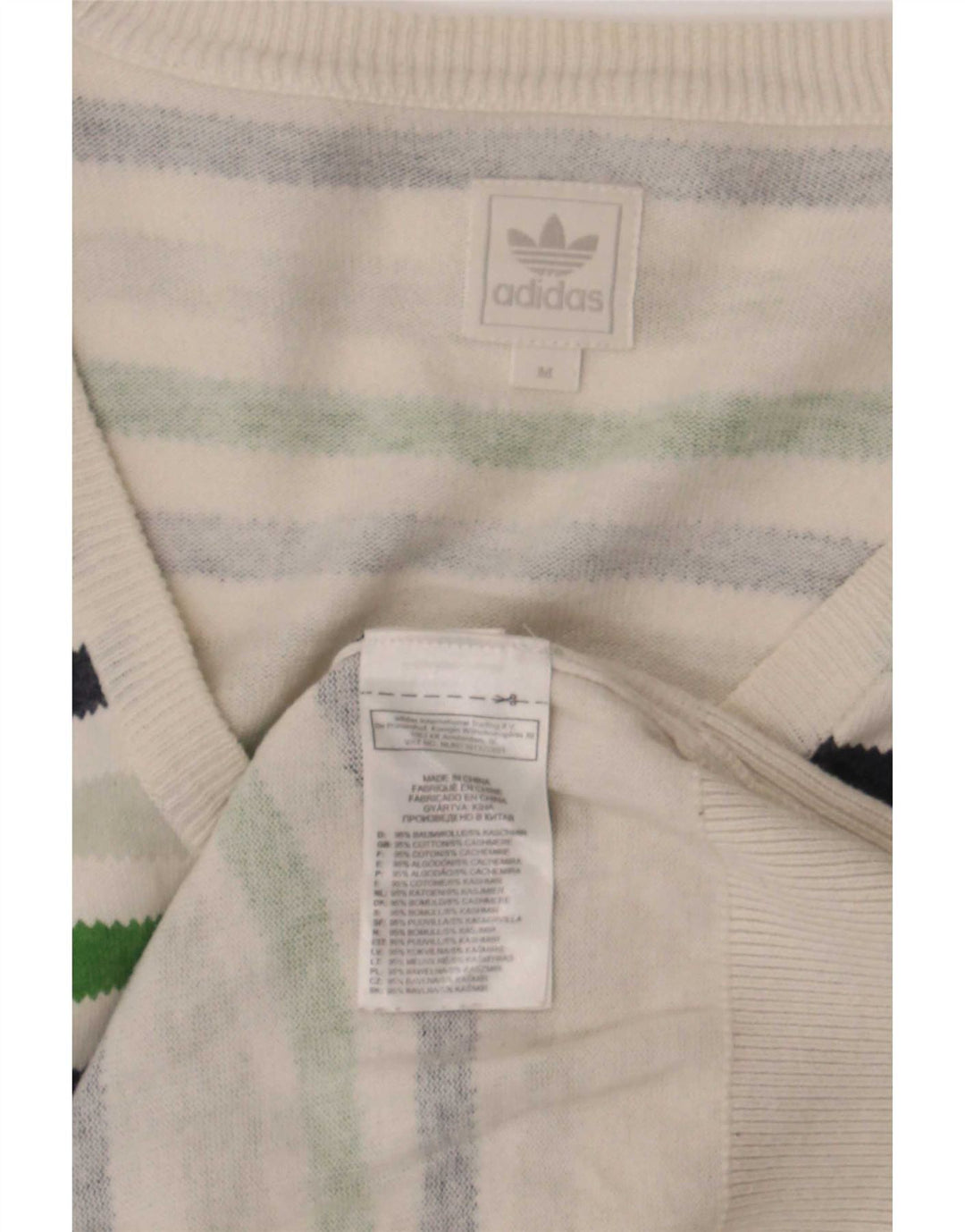 Adidas Mens V-Neck Jumper Sweater Medium Multicoloured Striped Cotton