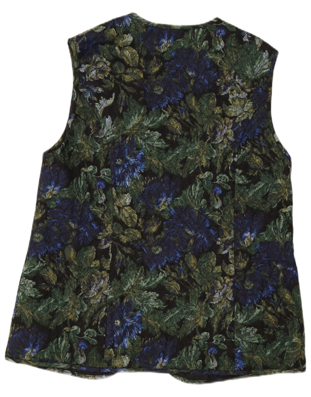 VINTAGE Womens Open Quilted Gilet EU 42 Large Black Floral Viscose