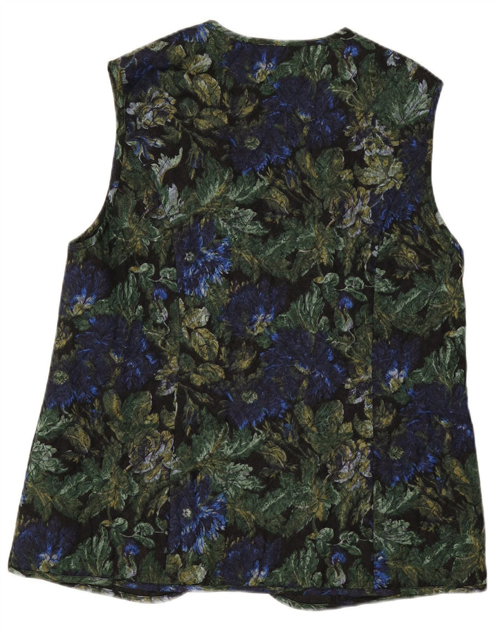 VINTAGE Womens Open Quilted Gilet EU 42 Large Black Floral Viscose