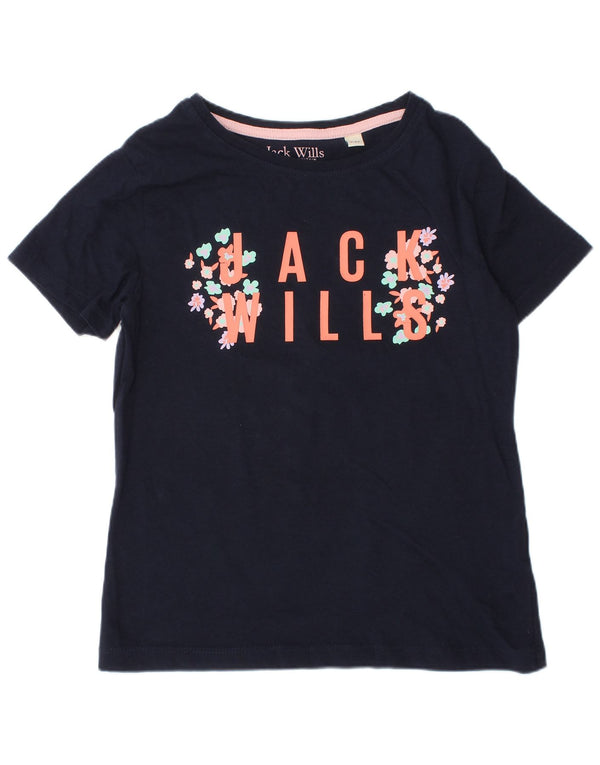 JACK WILLS Girls Graphic T-Shirt Top 8-9 Years Navy Blue Cotton