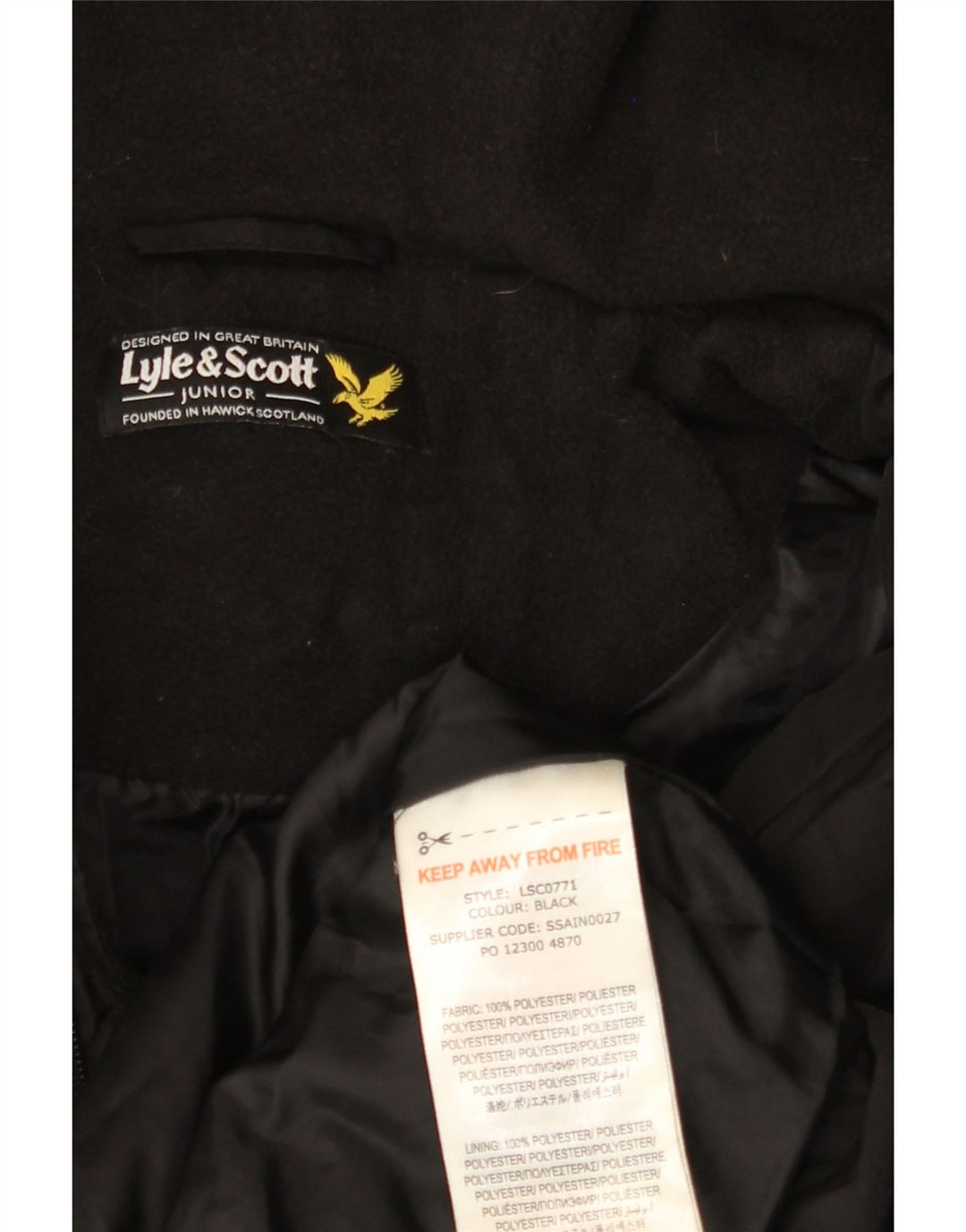 LYLE & SCOTT Boys Hooded Padded Coat 15-16 Years Black Polyester