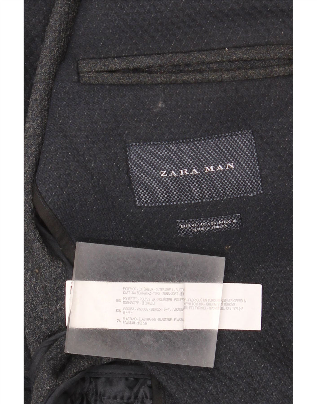 Zara Mens 2 Button Blazer Jacket EU 46 Small Navy Blue Geometric Polyester