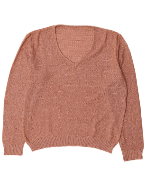 Vintage Womens V-Neck Jumper Sweater UK 16 Large Pink Striped