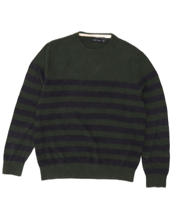 Nautica Mens Crew Neck Jumper Sweater Medium Green Striped Cotton