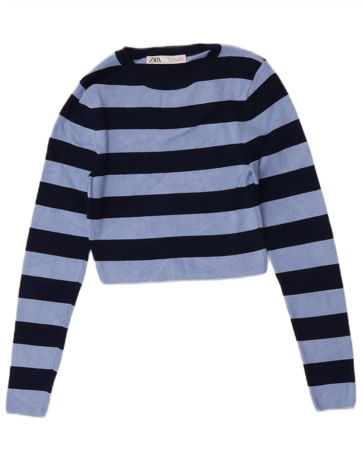 Zara Womens Crop Blouse Top UK 12 Medium Blue Striped Viscose