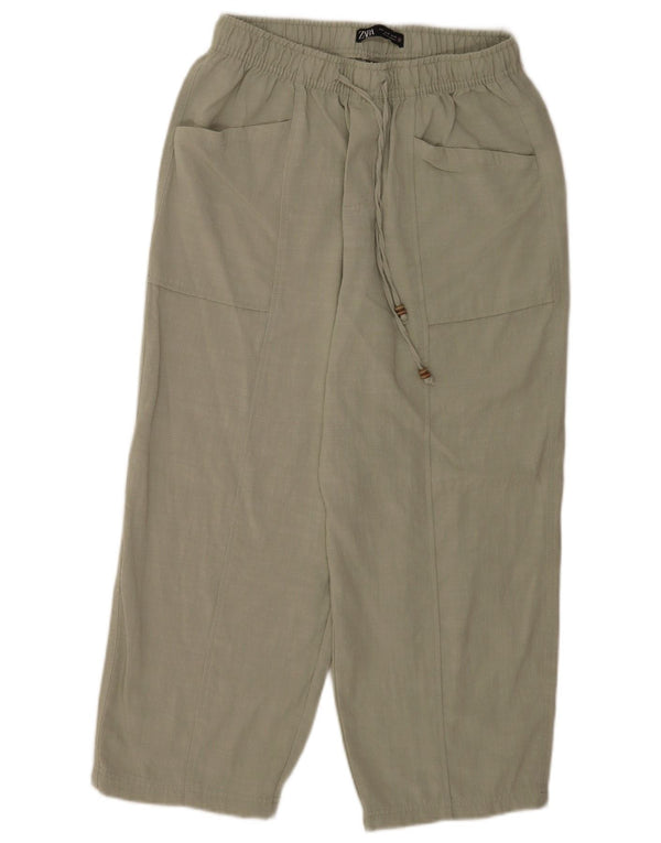 Zara Womens Loose Fit Cropped Trousers Medium W28 L24 Green Viscose