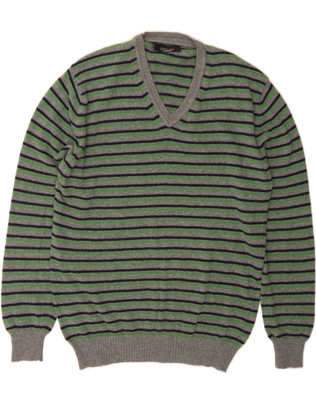 ZARA Mens V-Neck Jumper Sweater XL Grey Striped Wool Vintage Zara and Second-Hand Zara from Messina Hembry 