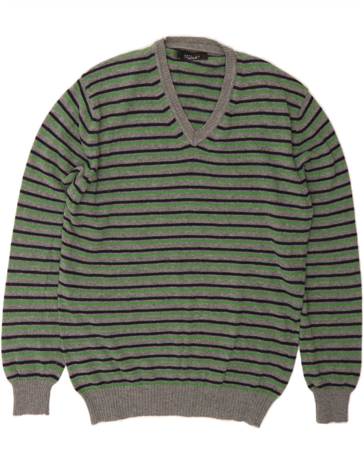 ZARA Mens V-Neck Jumper Sweater XL Grey Striped Wool Vintage Zara and Second-Hand Zara from Messina Hembry 